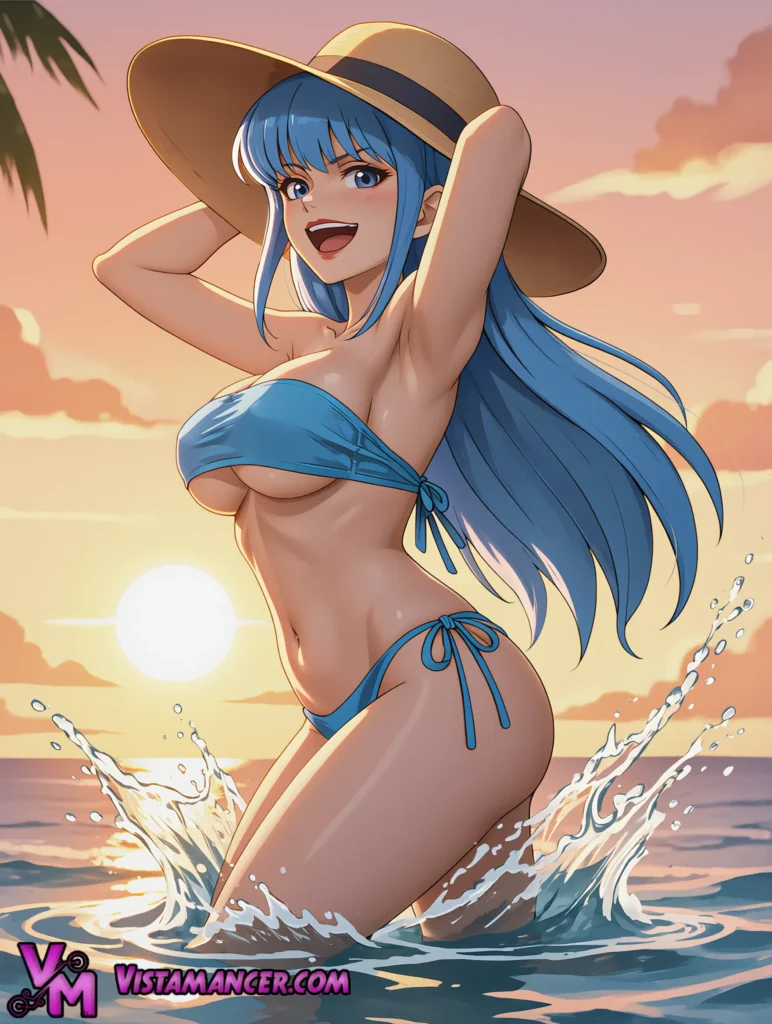 A Beautiful Blue Haired Anime Girl Welcomes the Summer Sun with a Sunset Ocean Splash - Vistamancer AI Art
