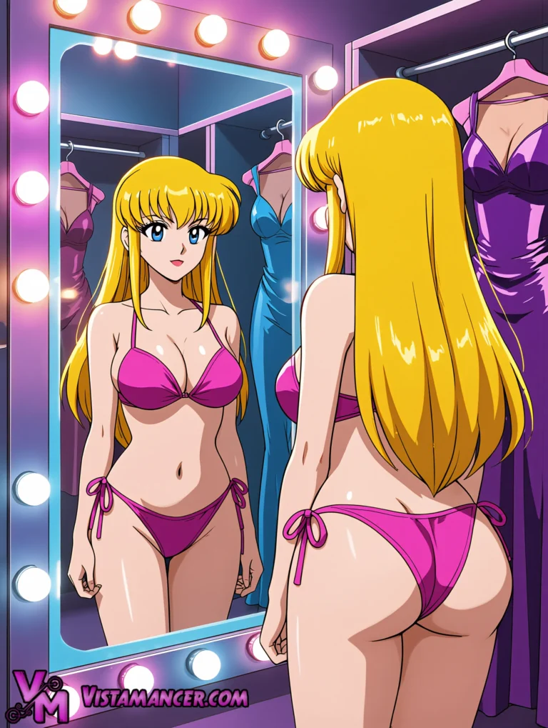 A Stunning Blonde Admires Her Look in a Backstage Dressing Room Mirror - Vistamancer AI Art