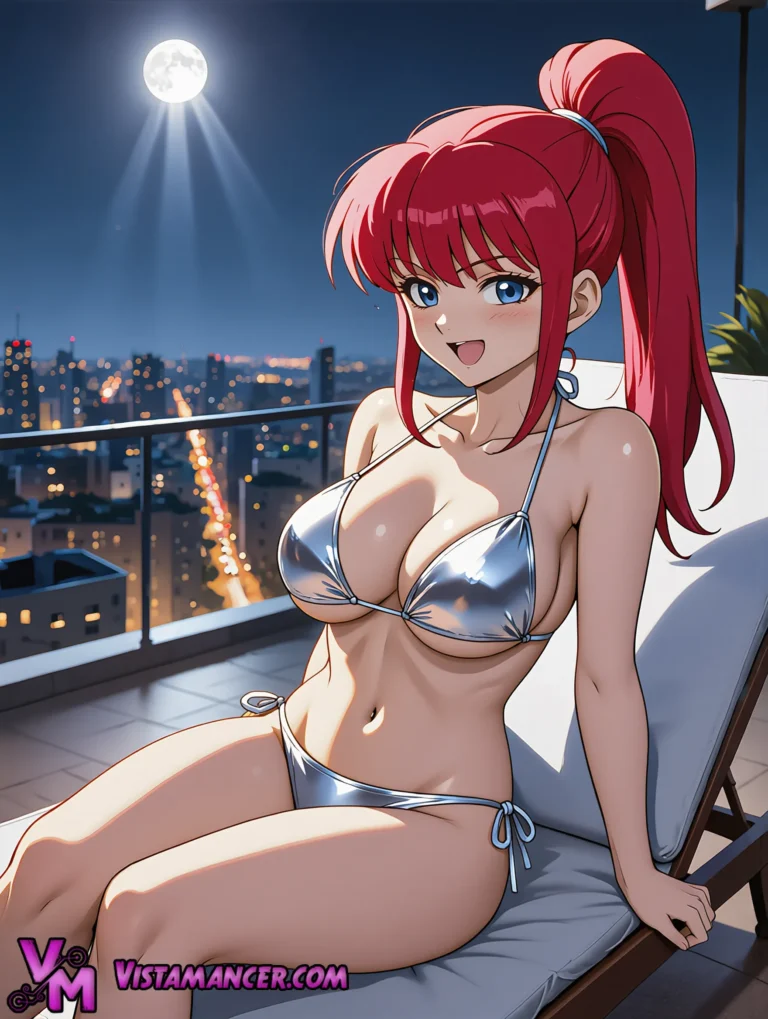 A Vibrant Redhead Enjoys a Moonlit Evening on a High Rise Terrace - Vistamancer AI Art