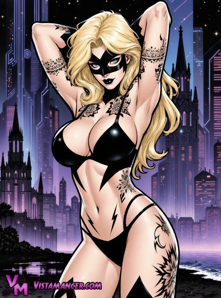 Blonde Masked Vixen Owns the Neon Night - Vistamancer AI Art