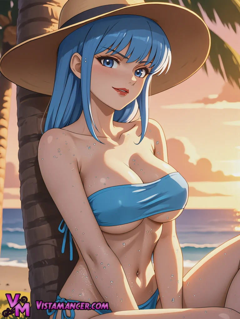 Sunset Dreams with a Blue Haired Tropical Beauty - Vistamancer AI Art