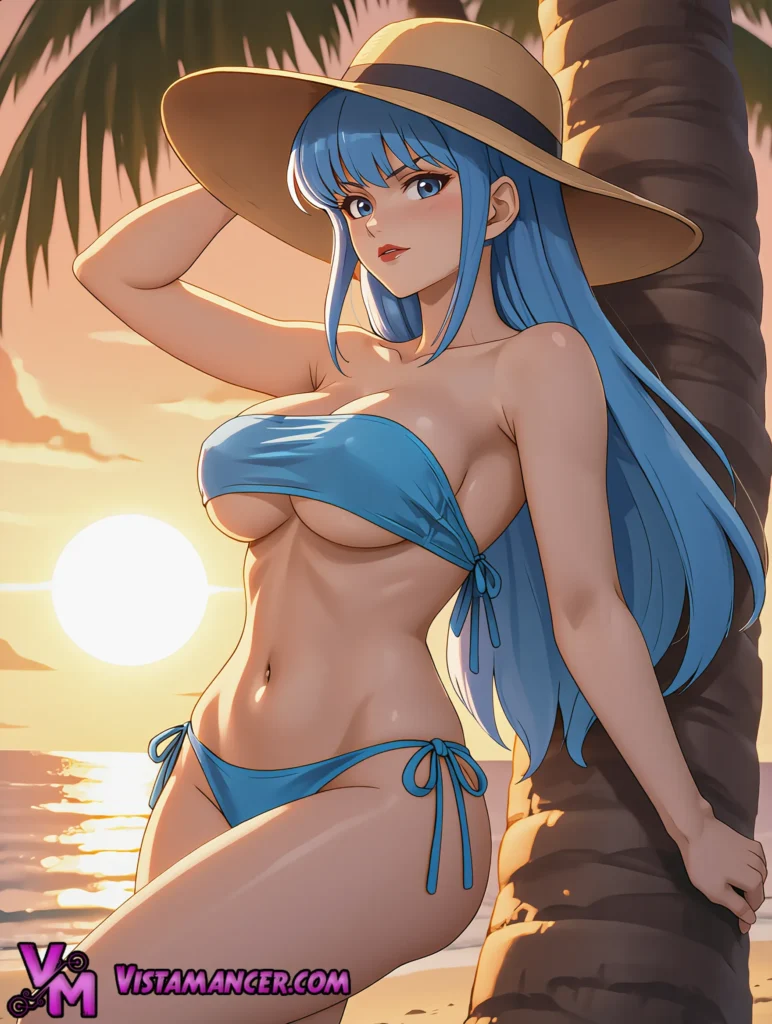 Chasing Golden Hour with a Blue Haired Beachside Beauty - Vistamancer AI Art