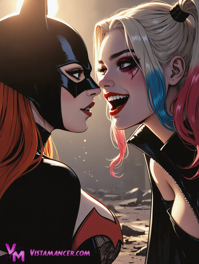 Batwoman and Harley Quinn Lock Eyes in Electric Tension - Vistamancer AI Art
