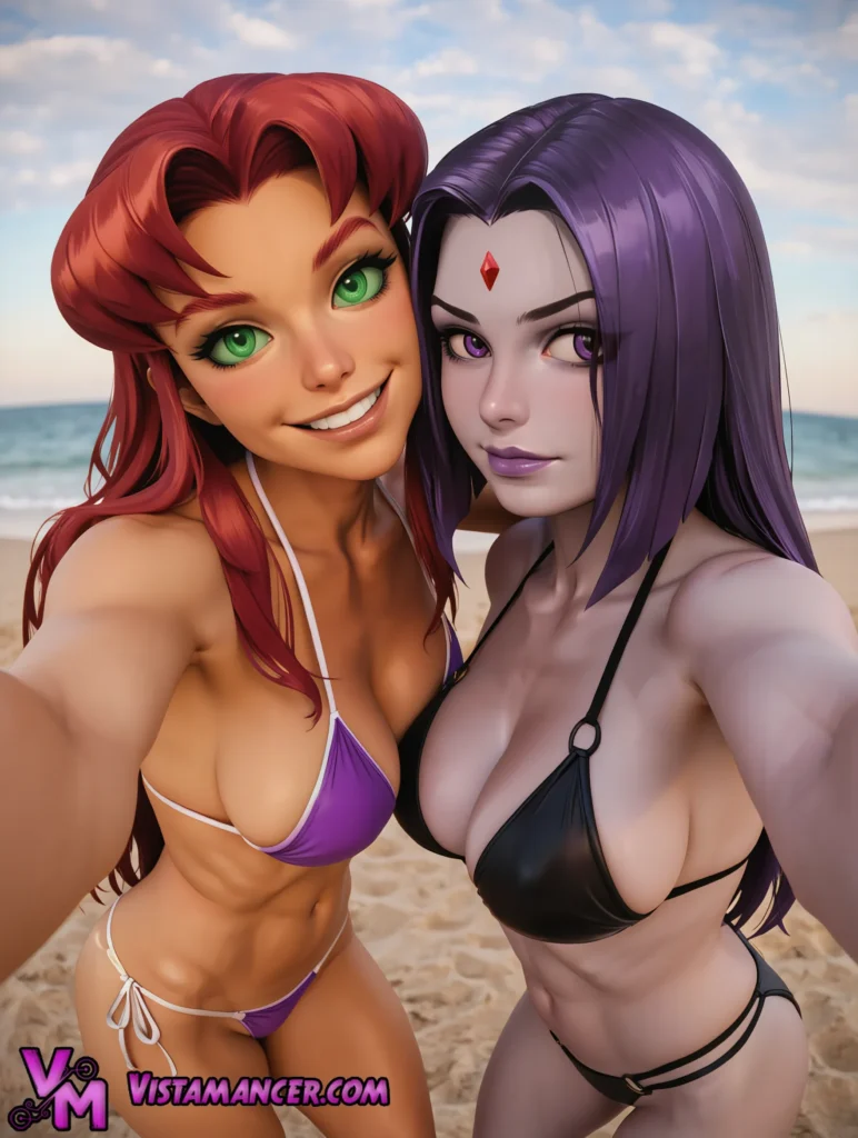 Starfire and Raven Capture Perfect Beach Selfie Vibes - Vistamancer AI Art