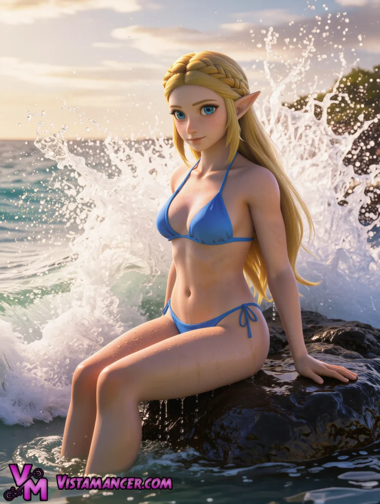Princess Zelda Finds Serenity Waves Splashing on the Shore - Vistamancer AI Art