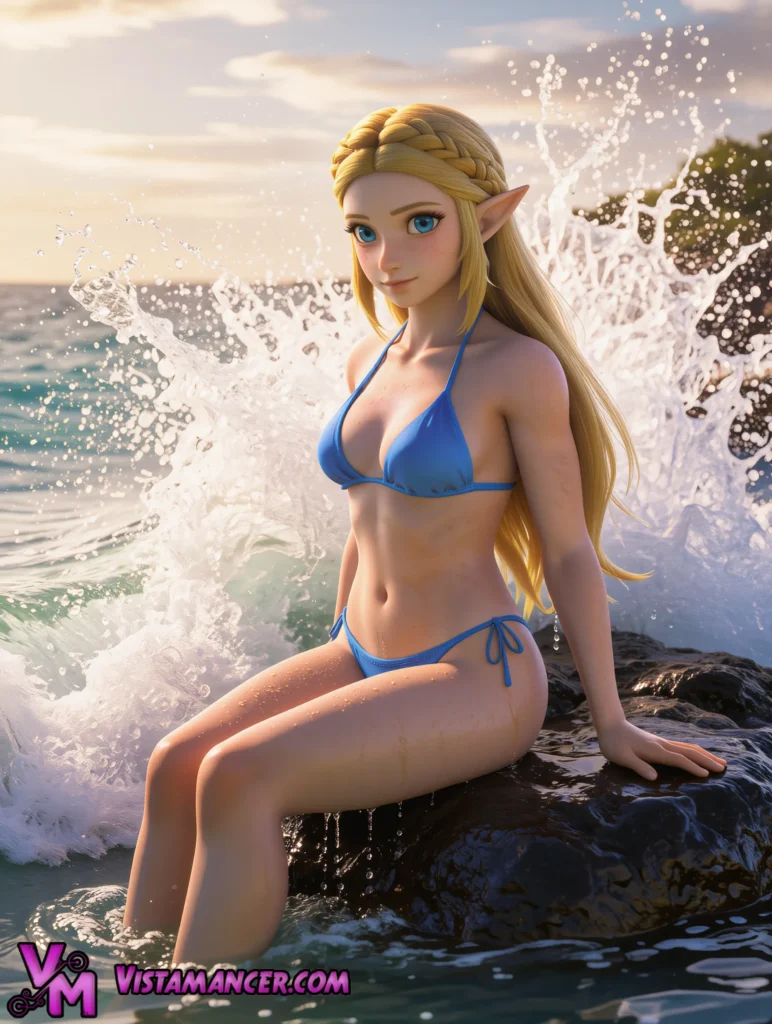 Princess Zelda Finds Serenity Waves Splashing on the Shore - Vistamancer AI Art