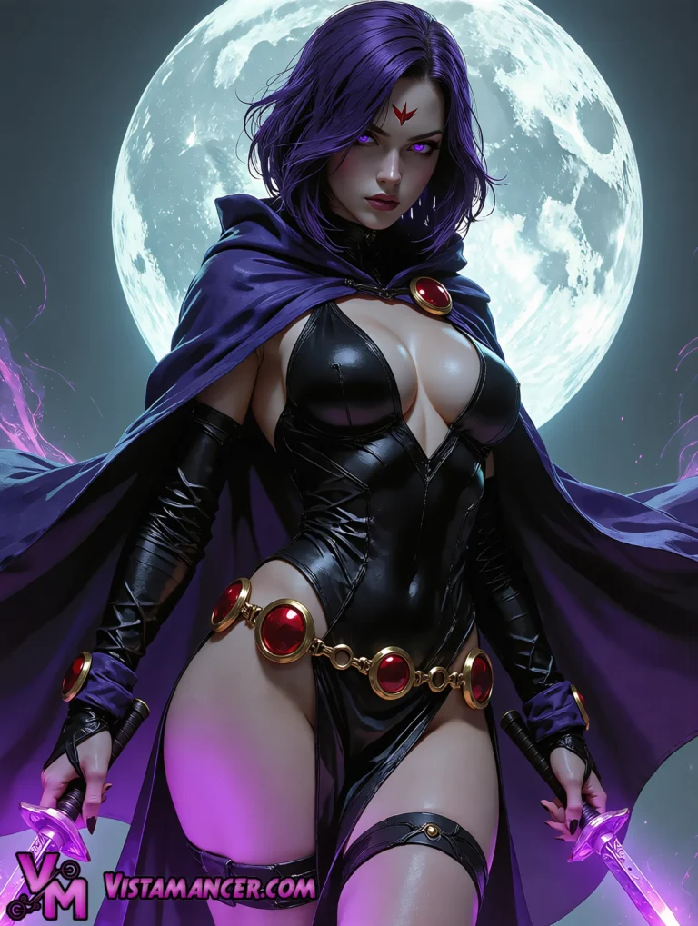 Raven Channeling the Power of Azarath Beneath the Moonlight - Vistamancer AI Art